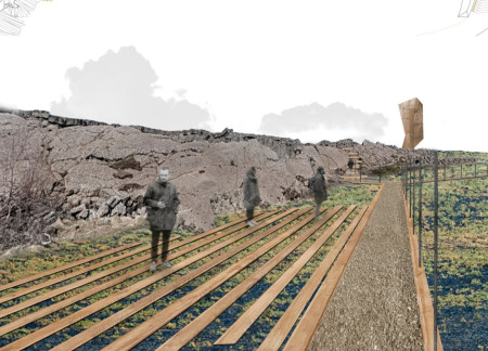 Dune Shelter with Glass and Asphalt Integration Overlooking Geological Features