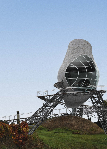Elevated Tasting Room with Cantilevered Structure and Scenic Views