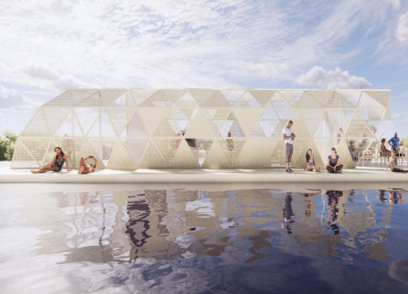 Floatable Pavilion Emphasizing Woven Bamboo and Translucent Panels
