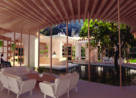 Circular Structure with Natural Stone and Timber Integration for Healing Spaces