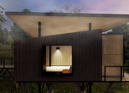 Growth Rings and Dark Wood Create Tranquility in a Forest Retreat