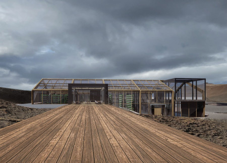 Modular Structure with Transparent Glass Walls and Vertical Greenery Overlooking Hverfjall