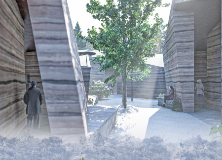 Rammed Earth Walls and Natural Light Openings in a Reflective Memorial Space