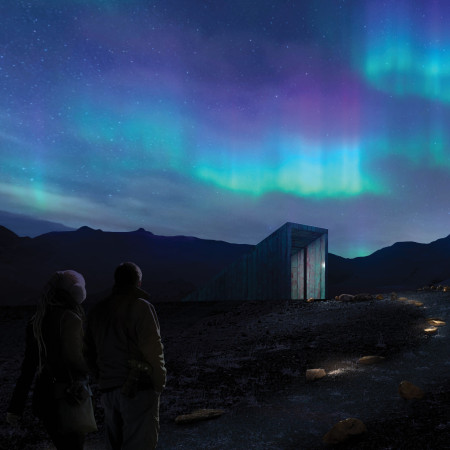 Burnt Wood Roof and Greenhouse Integration in Volcanic Terrain