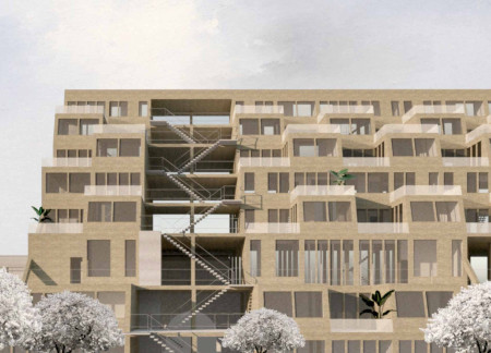 Concrete Towers Surrounded by Green Spaces with Wooden Terraces