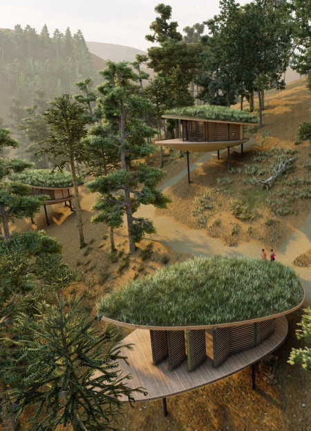 Pods Crafted from Agro-Waste in a Pine Forest Retreat