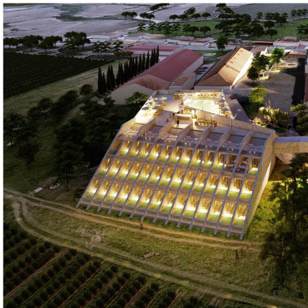 Cascading Structure Overlooking Vines with Integrated Wine Lounge