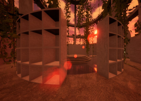 Central Platform Surrounded by Glass and Columns in a Grief-Centric Space