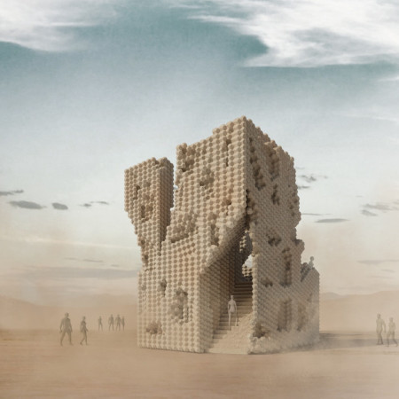Rammed Earth Pavilion Featuring Truncated Octahedron Blocks in the Nevada Desert