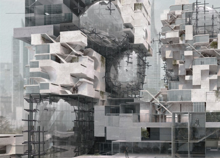 Spherical Forms and Vertical Gardens Create Adaptive Workspaces with Concrete and Glass