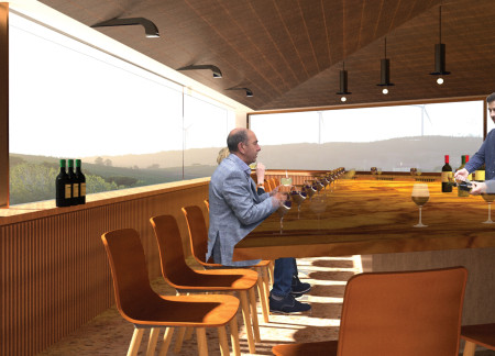 Trapezoidal Concrete Structure Featuring Terrazzo and Panoramic Glazing for Enhanced Tasting Experiences