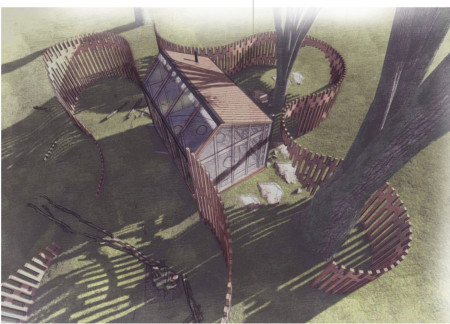 Polycarbonate Enclosure Embracing Wooden Pathways for Meditative Reflection