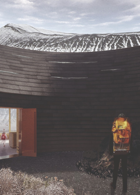 Round Form Constructed with Local Lava Aggregates and Timber Integration in Volcanic Landscape