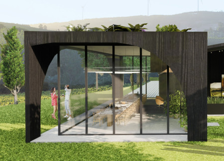 Panoramic Views Framed by Concrete and Wood in a Communal Wine Tasting Venue