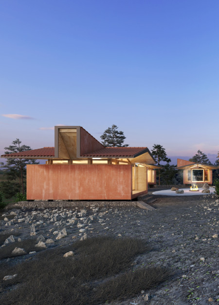 Modular Plywood Cabins Formed Around Lightwell and Stone Foundations