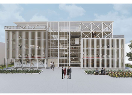 Fluid Workspace Enveloped in Glass with Natural Wood Accents