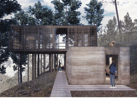 Sustainable Retreat Establishing Harmony with Nature Through Pine Wood and Concrete Integration