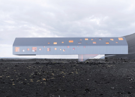 Cantilevered Volume with Aluminum Facade Overlooking Hverfjall Landscape