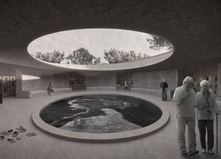 Green Ribbon Roof with Impluvium for Reflective Columbarium