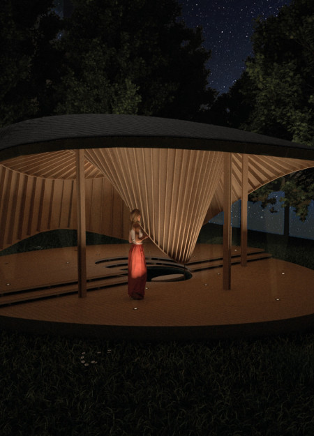 M&ouml;bius Strip Design Featuring Charred Redwood in a Tranquil Meditation Cabin