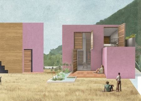 Bright Pink Home with Clay Stairs and Traditional Brick Lattice