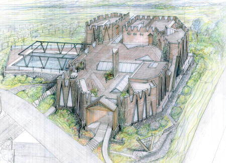 Triangular Facade in Brick and Stone for Community Guest Accommodations