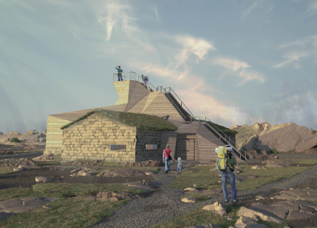 Elevated Caf&eacute; Overlooking Hverfjall Crafted with Local Stones