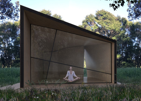 Curved Wooden Sanctuary with Translucent Glazing for Meditative Retreat