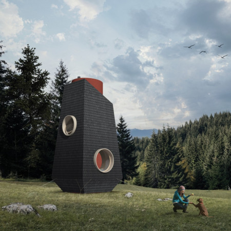 Cylindrical Light Well with Clay Heating in Compact Microhouse