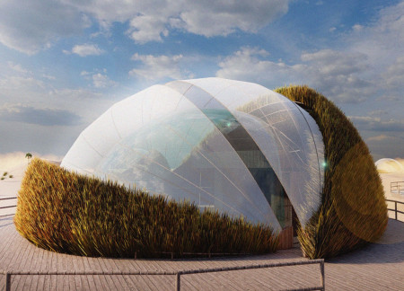 Adjustable Roof Lodges Featuring Gfrc Panels and Palm Thatching in the Desert