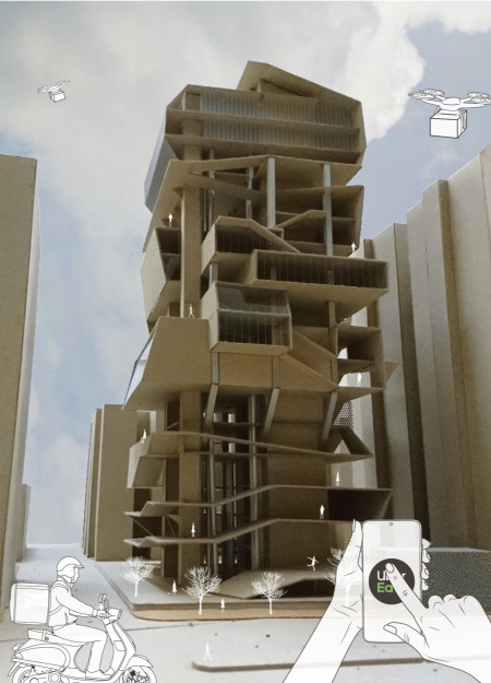 Vertical Urban Food Hub with Efficient Logistics and Green Belt Integration