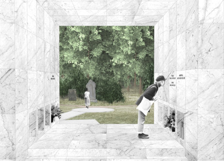 Vertical Niches and Pruned Hedges Create Intimate Space in White Marble Columbarium