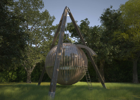 Suspended Sphere Crafted from Rigid Tarpaulin in a Tranquil Meditation Retreat