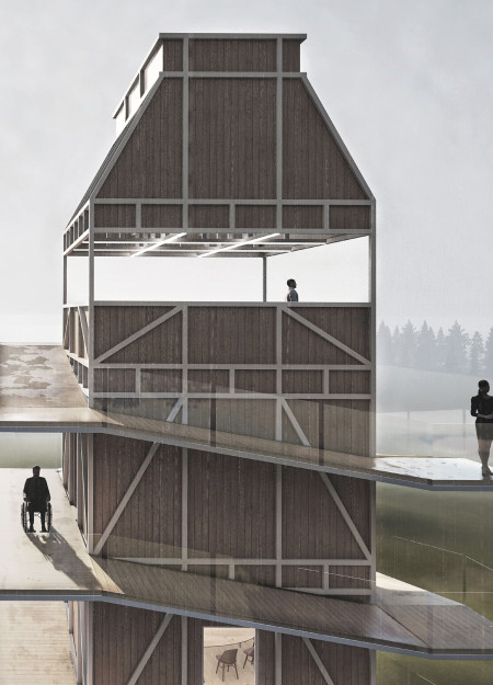 Wooden Slat Facade with Panoramic Terrace for Community Engagement