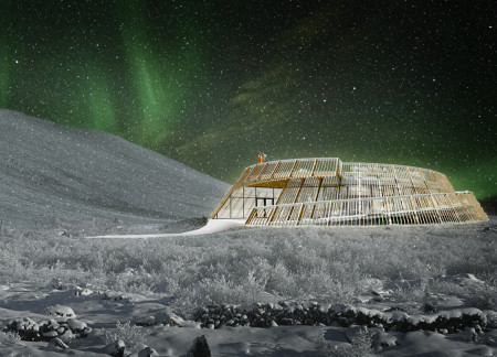 Inward Sloping Timber Structure Connecting Visitors to Hverfjall