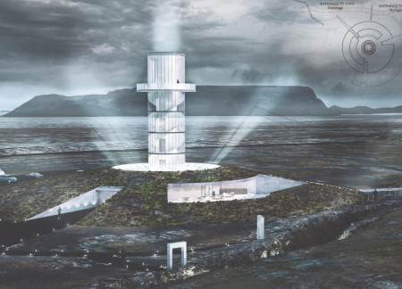 Grass Roof and Glass Canopy Intertwined with Volcanic Terrain for Observational Experience