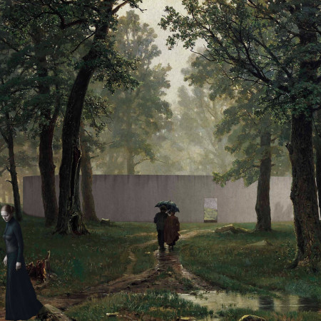 Ground-Level Niches in Bronze and Concrete for Reflection in a Forested Setting