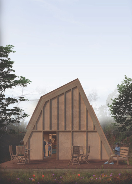 Timber and Cork Structure Harmonizing with Natural Light and Rainwater Management