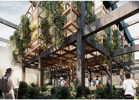 Charred Wood Shingles and Glass Integration in a Sustainable Greenhouse Dining Experience