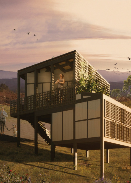 Timber Lattice Retreat Embracing Natural Serenity with Clay and Stone