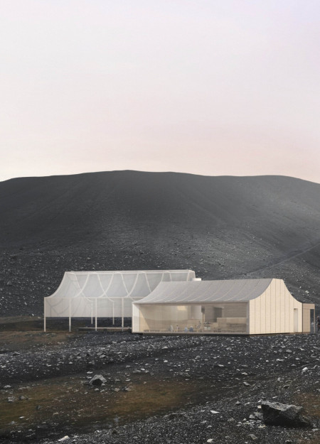 Polycarbonate Canopy over Steel Workshop with Sunken Lounge and Coffee Roaster