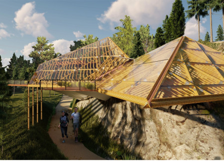 Pyramidal Structure Embracing Cork and Bamboo in a Serene Retreat