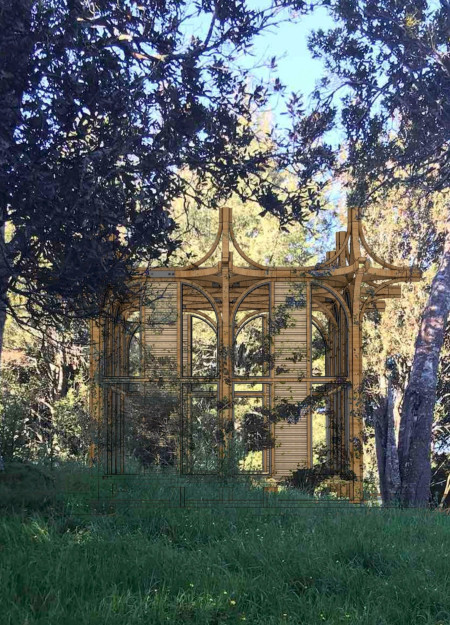 Foldable Altar and Porous Spaces in a Tranquil Meditation Cabin