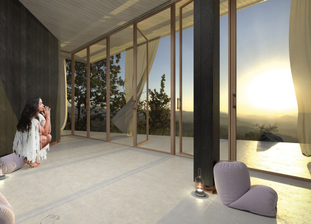 Burned Wood Panels and White Cork Flooring in a Flexible Meditation Cabin