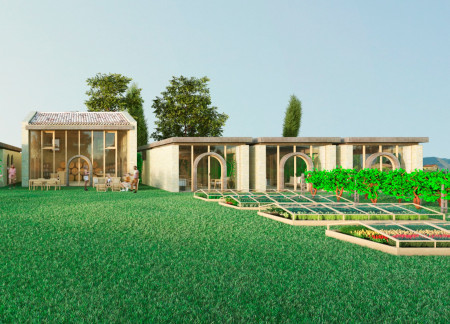 Community Retreat Featuring Stone Walls and Clay Tile Roofs