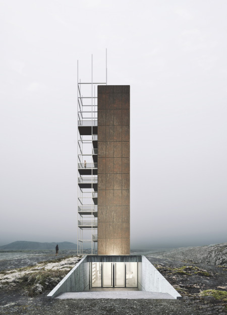 Transparent Frame Tower with Metal Sheets Overlooking Geological Features