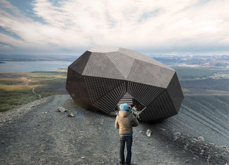 Polygonal Structure with Perforated Metal Panels Offering Elevated Views in Volcanic Landscape