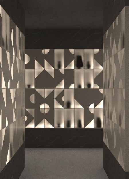 Perforated Concrete Facade with Transparent Glass and Natural Wood Integration in a Memorial Space