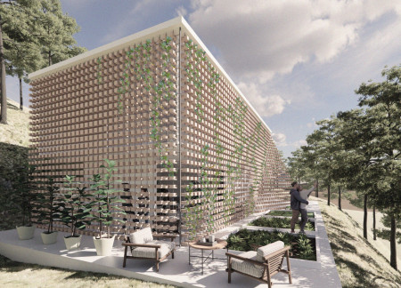 Wood-Block Facade with Integrated Planters Embraces Natural Light for Yoga Retreat