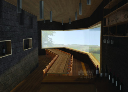 Framed Views Through Curved Slate Design in a Vineyard Tasting Room